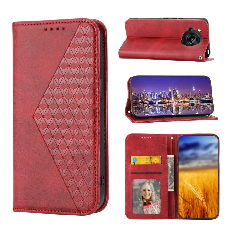 For Sharp Aquos R7 / P7 Cubic Grid Calf Texture Magnetic Closure Leather Phone Case