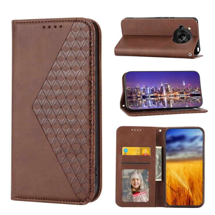 For Sharp Aquos R7 / P7 Cubic Grid Calf Texture Magnetic Closure Leather Phone Case