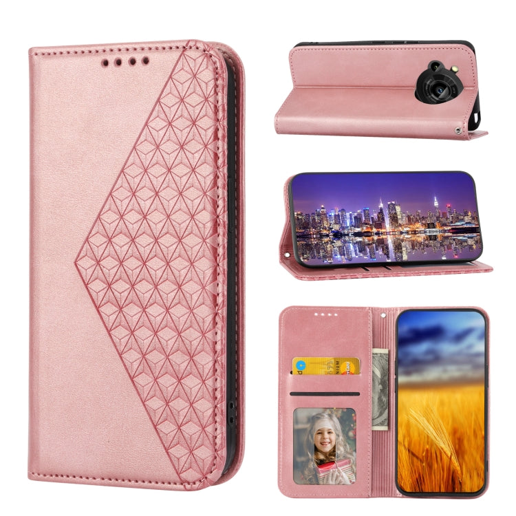 For Sharp Aquos R7 / P7 Cubic Grid Calf Texture Magnetic Closure Leather Phone Case