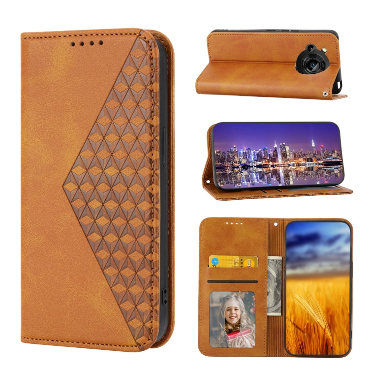 For Sharp Aquos R7 / P7 Cubic Grid Calf Texture Magnetic Closure Leather Phone Case
