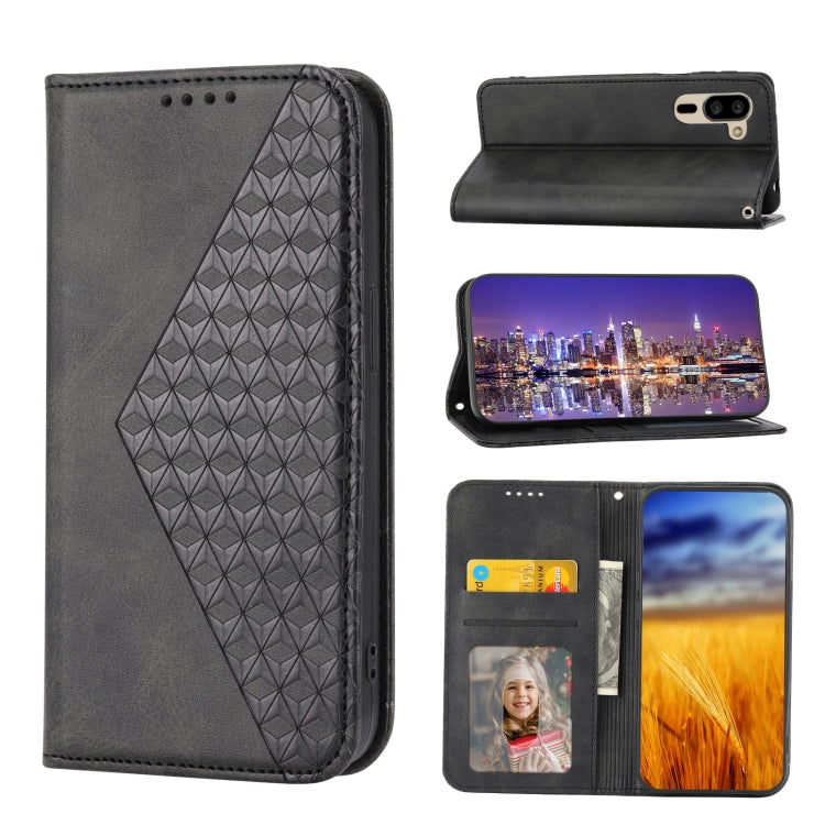 For Sharp Simple Sumaho 5 Cubic Grid Calf Texture Magnetic Closure Leather Phone Case