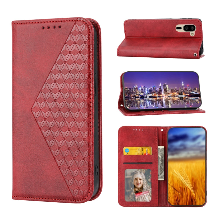 For Sharp Simple Sumaho 5 Cubic Grid Calf Texture Magnetic Closure Leather Phone Case