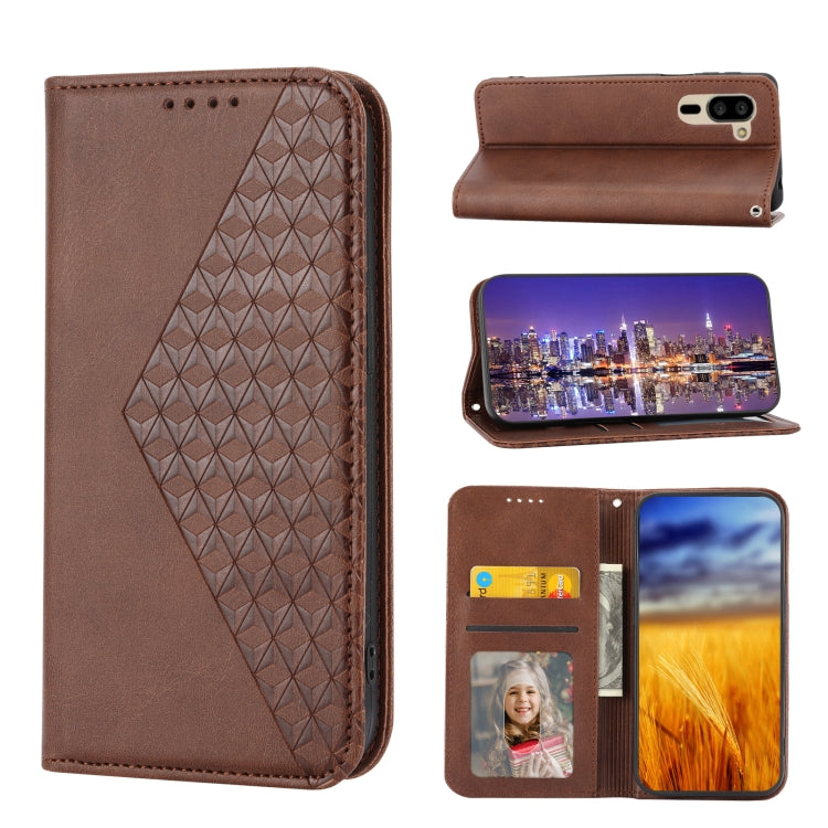 For Sharp Simple Sumaho 5 Cubic Grid Calf Texture Magnetic Closure Leather Phone Case