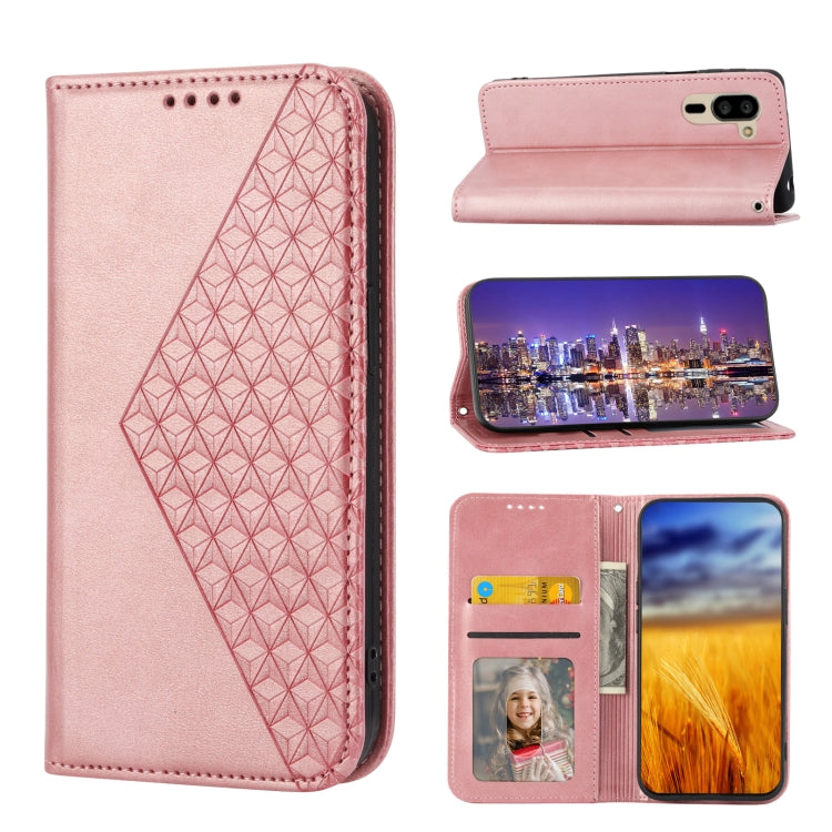 For Sharp Simple Sumaho 5 Cubic Grid Calf Texture Magnetic Closure Leather Phone Case