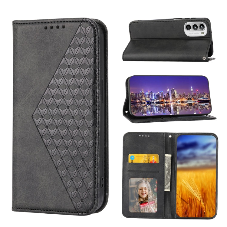 For Motorola Moto G52 4G / G82 5G / G71S Cubic Grid Calf Texture Magnetic Closure Leather Phone Case