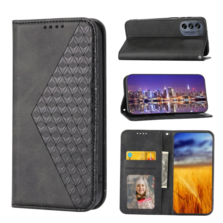 For Motorola Moto G62 Cubic Grid Calf Texture Magnetic Closure Leather Phone Case