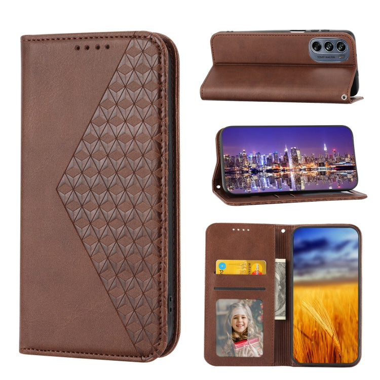 For Motorola Moto G62 Cubic Grid Calf Texture Magnetic Closure Leather Phone Case