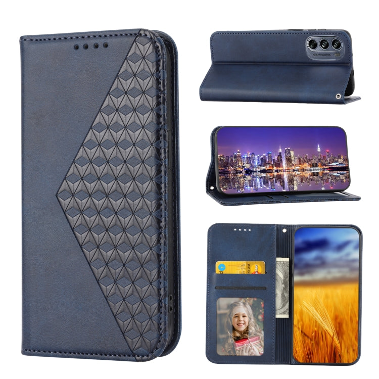 For Motorola Moto G62 Cubic Grid Calf Texture Magnetic Closure Leather Phone Case