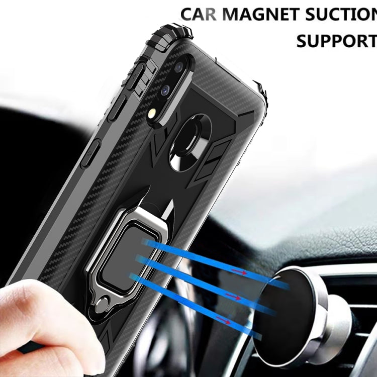 For Galaxy M20 Carbon Fiber Protective Case with 360 Degree Rotating Ring Holder