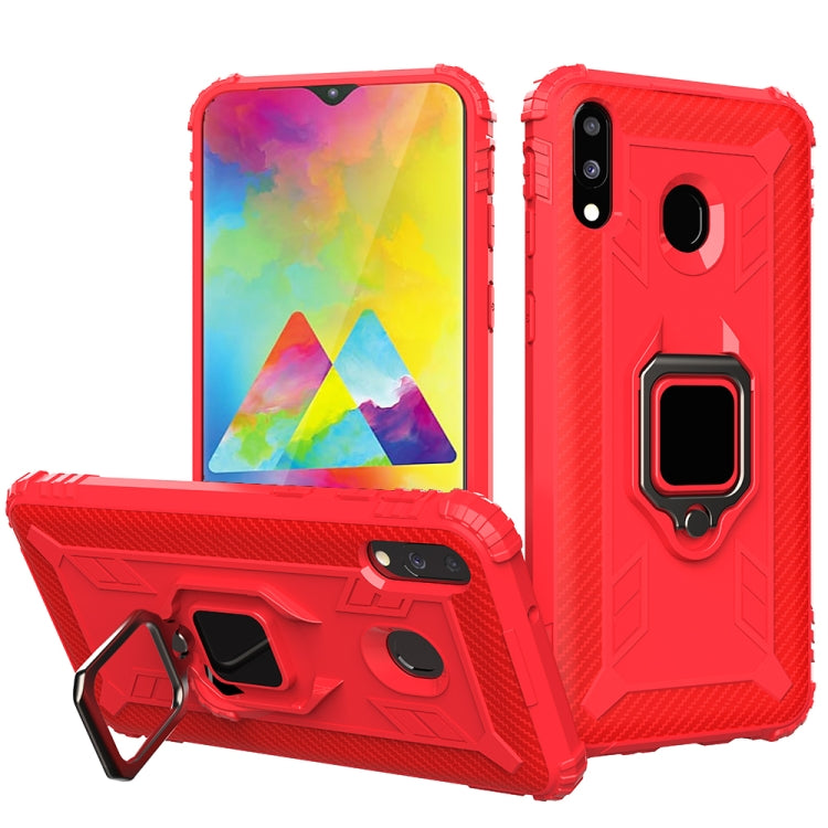 For Galaxy M20 Carbon Fiber Protective Case with 360 Degree Rotating Ring Holder