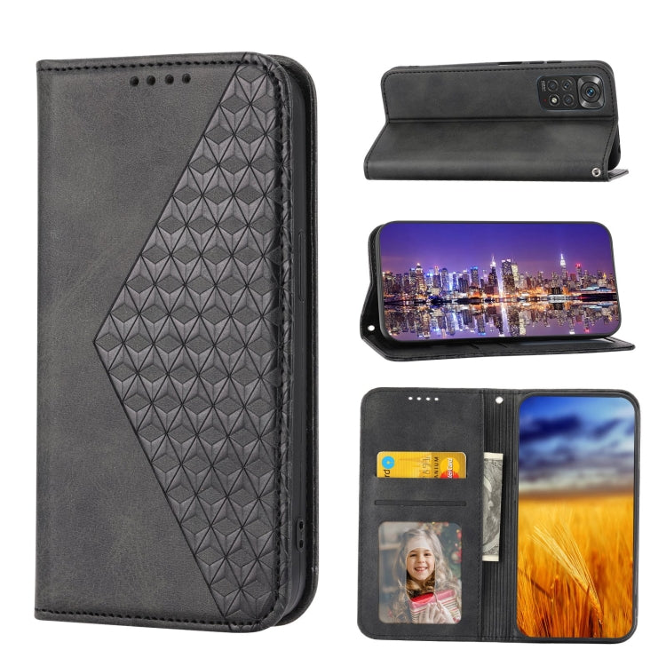 For Xiaomi Redmi Note 11S Global Cubic Grid Calf Texture Magnetic Closure Leather Phone Case