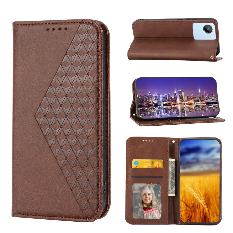 For Realme C35 Cubic Grid Calf Texture Magnetic Closure Leather Phone Case