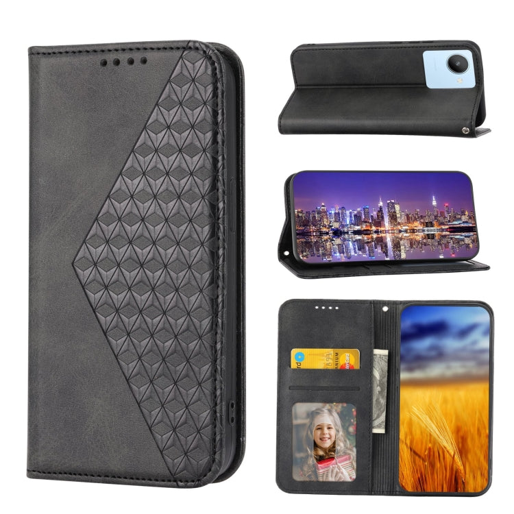 For Realme C30 Cubic Grid Calf Texture Magnetic Closure Leather Phone Case