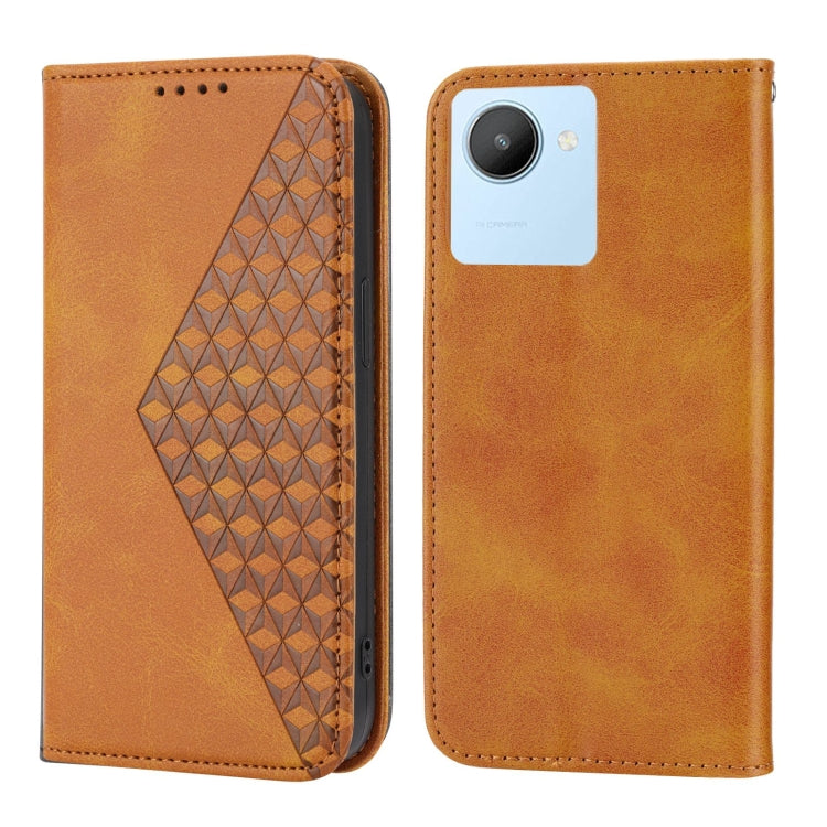 For Realme C30 Cubic Grid Calf Texture Magnetic Closure Leather Phone Case