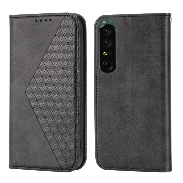 For Sony Xperia 1 IV Cubic Grid Calf Texture Magnetic Closure Leather Phone Case