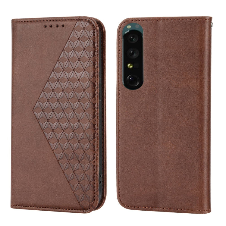 For Sony Xperia 1 IV Cubic Grid Calf Texture Magnetic Closure Leather Phone Case