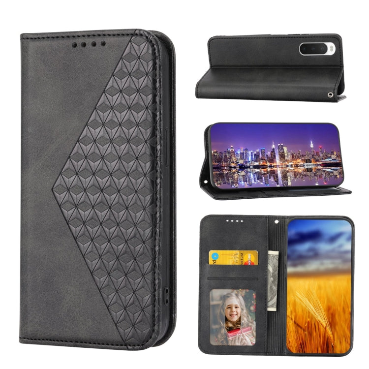 For Sony Xperia 10 IV Cubic Grid Calf Texture Magnetic Closure Leather Phone Case