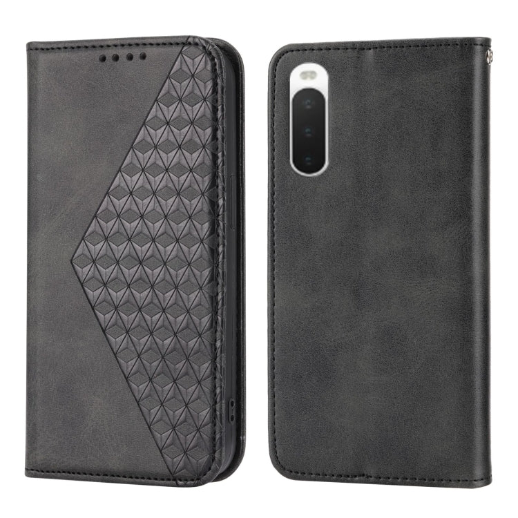 For Sony Xperia 10 IV Cubic Grid Calf Texture Magnetic Closure Leather Phone Case