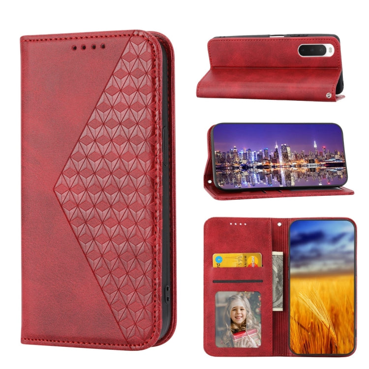For Sony Xperia 10 IV Cubic Grid Calf Texture Magnetic Closure Leather Phone Case