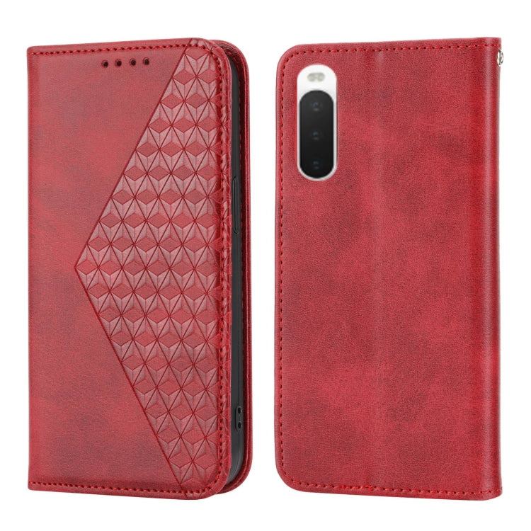 For Sony Xperia 10 IV Cubic Grid Calf Texture Magnetic Closure Leather Phone Case