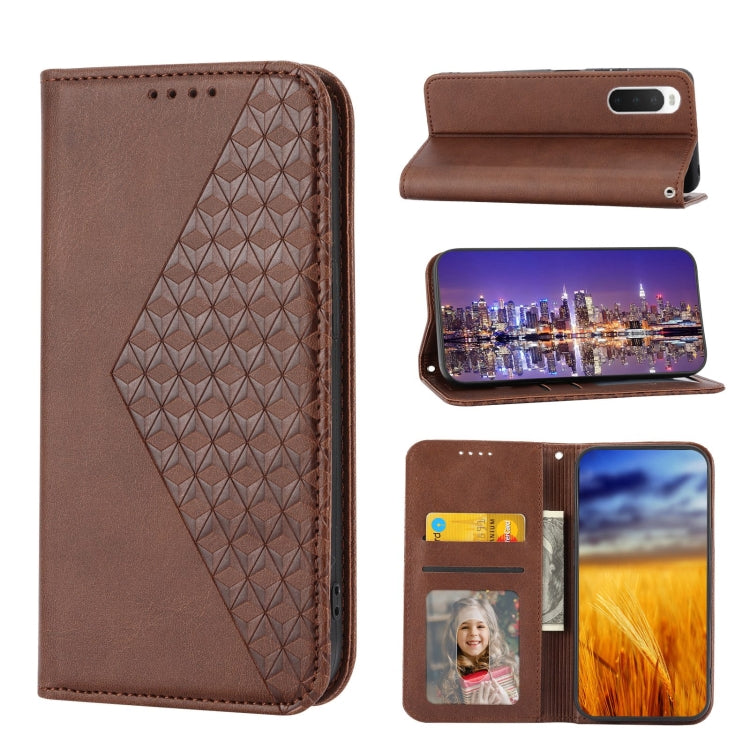 For Sony Xperia 10 IV Cubic Grid Calf Texture Magnetic Closure Leather Phone Case