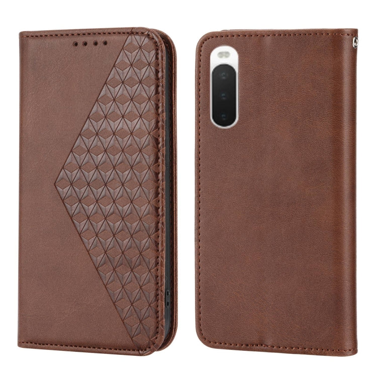 For Sony Xperia 10 IV Cubic Grid Calf Texture Magnetic Closure Leather Phone Case