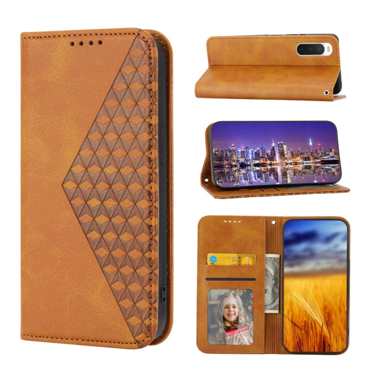 For Sony Xperia 10 IV Cubic Grid Calf Texture Magnetic Closure Leather Phone Case