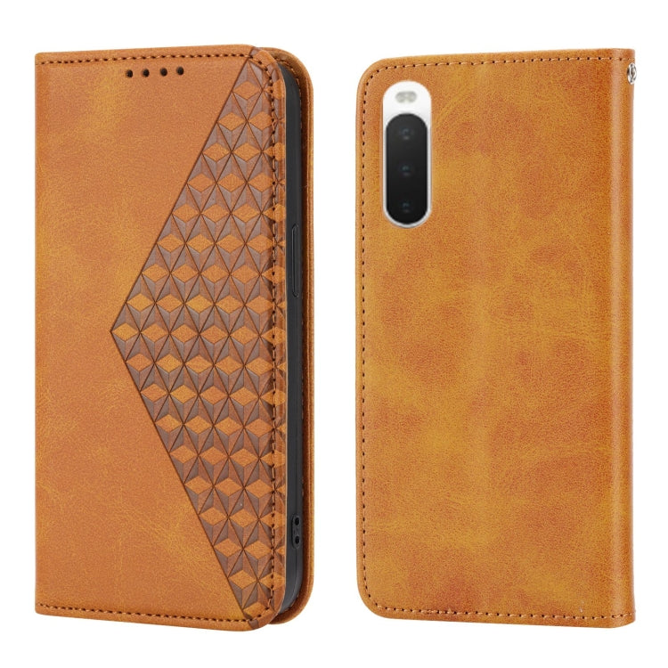 For Sony Xperia 10 IV Cubic Grid Calf Texture Magnetic Closure Leather Phone Case