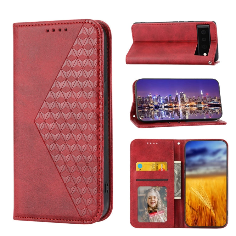 For Google Pixel 6 Pro Cubic Grid Calf Texture Magnetic Closure Leather Phone Case