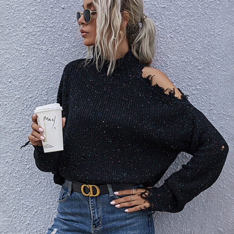 Ladies Loose Off Shoulder Ripped Long-Sleeved Turtleneck Autumn Knitted Sweater, Size: