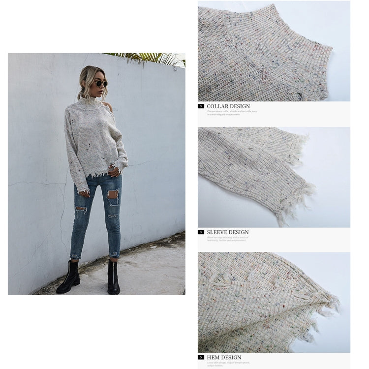 Ladies Loose Off Shoulder Ripped Long-Sleeved Turtleneck Autumn Knitted Sweater, Size: