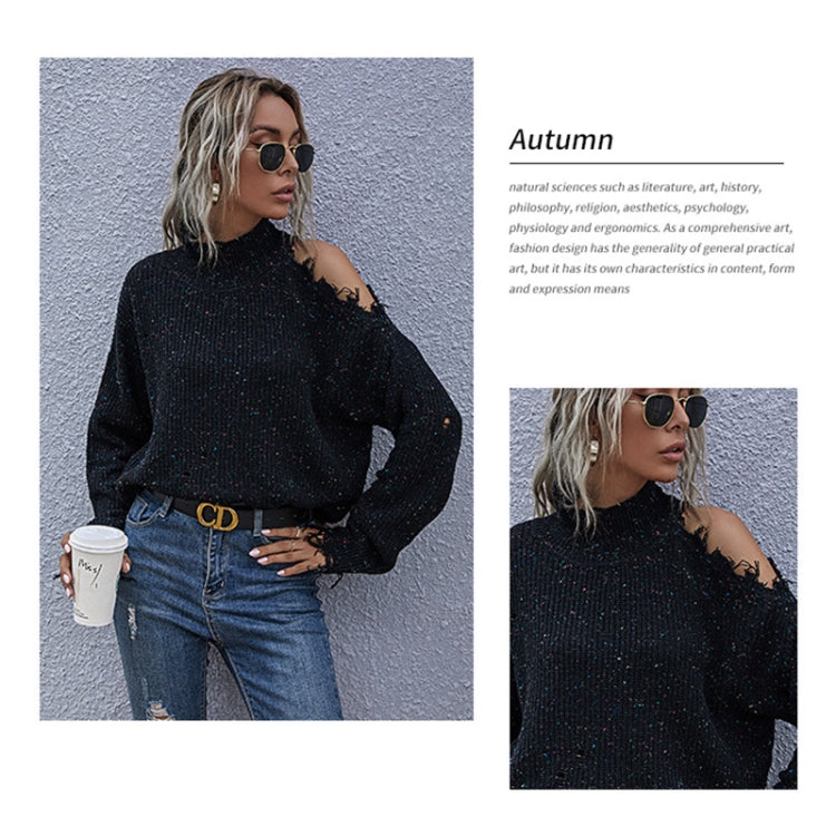 Ladies Loose Off Shoulder Ripped Long-Sleeved Turtleneck Autumn Knitted Sweater, Size: