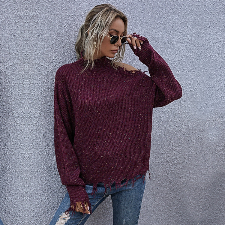Ladies Loose Off Shoulder Ripped Long-Sleeved Turtleneck Autumn Knitted Sweater, Size: