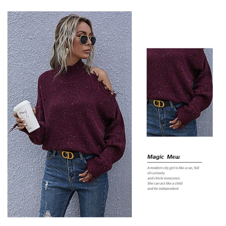 Ladies Loose Off Shoulder Ripped Long-Sleeved Turtleneck Autumn Knitted Sweater, Size: