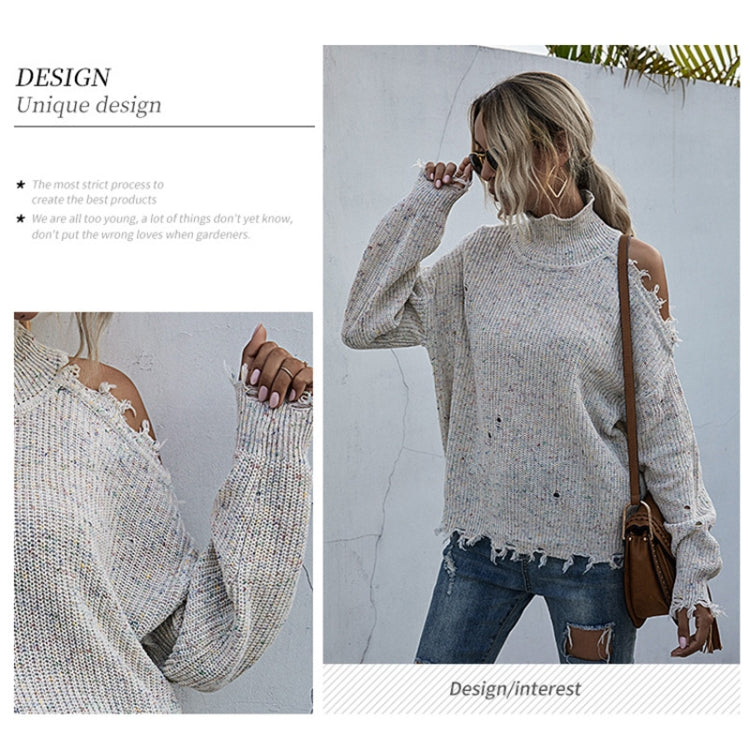 Ladies Loose Off Shoulder Ripped Long-Sleeved Turtleneck Autumn Knitted Sweater, Size: