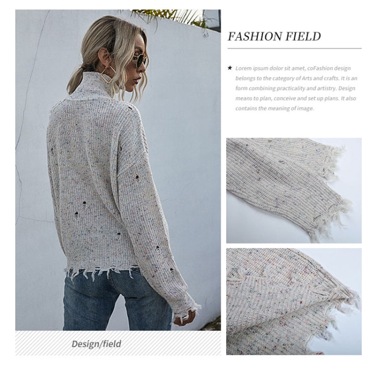 Ladies Loose Off Shoulder Ripped Long-Sleeved Turtleneck Autumn Knitted Sweater, Size: