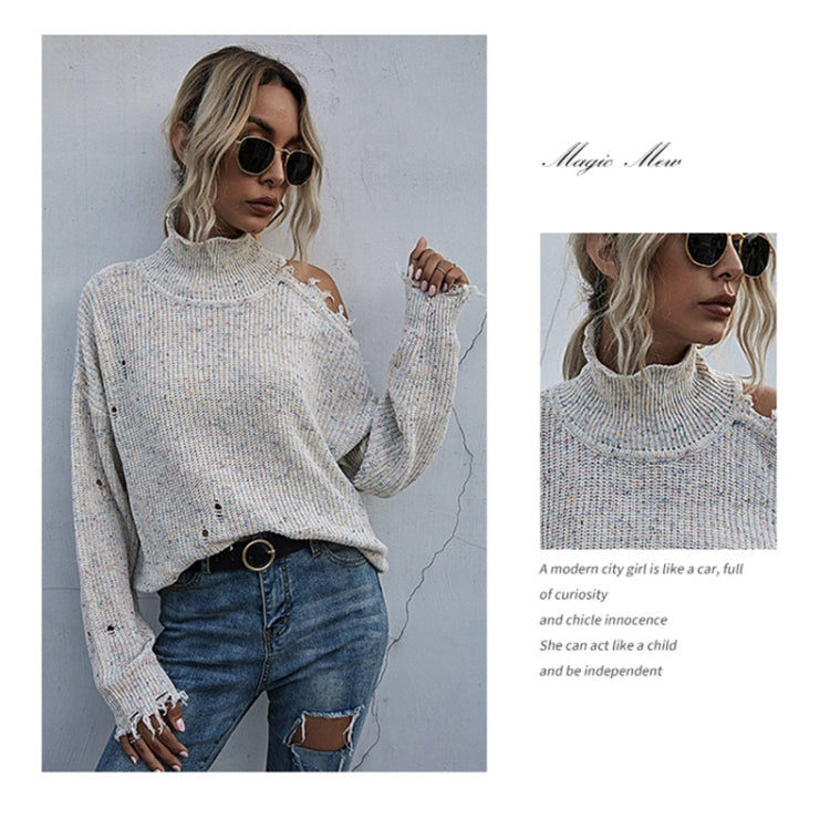 Ladies Loose Off Shoulder Ripped Long-Sleeved Turtleneck Autumn Knitted Sweater, Size: