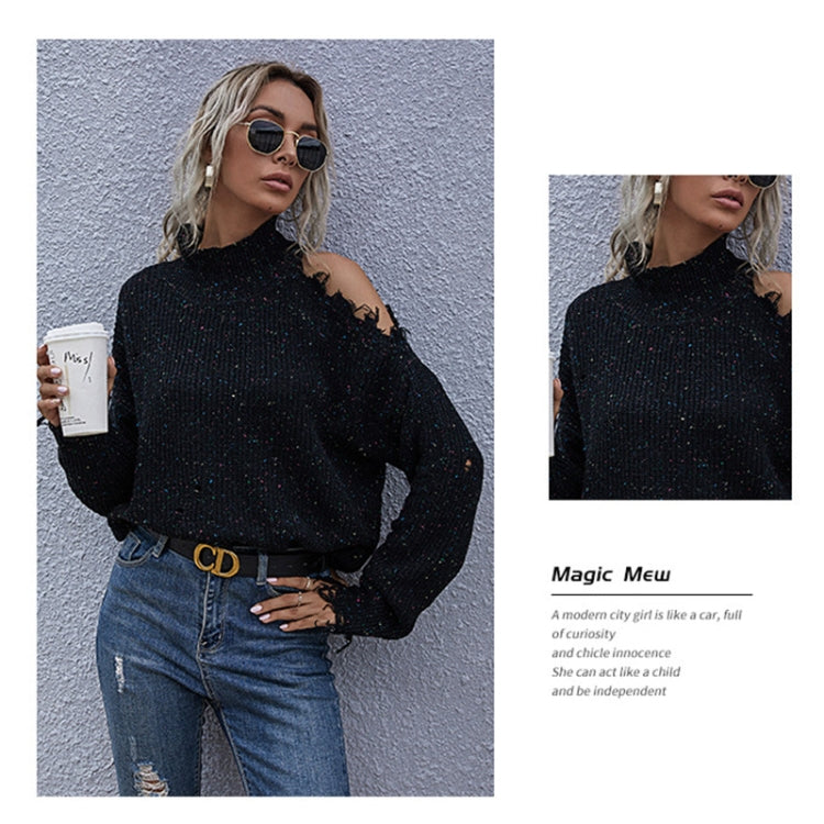 Ladies Loose Off Shoulder Ripped Long-Sleeved Turtleneck Autumn Knitted Sweater, Size: