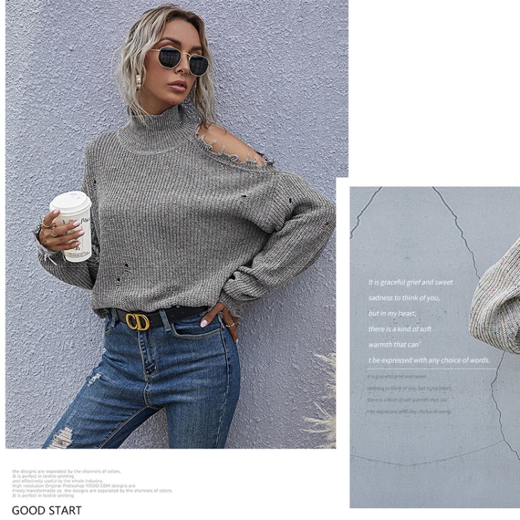 Ladies Loose Off Shoulder Ripped Long-Sleeved Turtleneck Autumn Knitted Sweater, Size:
