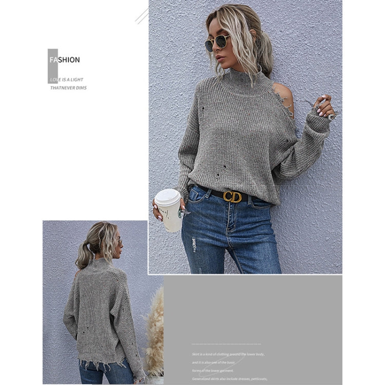 Ladies Loose Off Shoulder Ripped Long-Sleeved Turtleneck Autumn Knitted Sweater, Size: