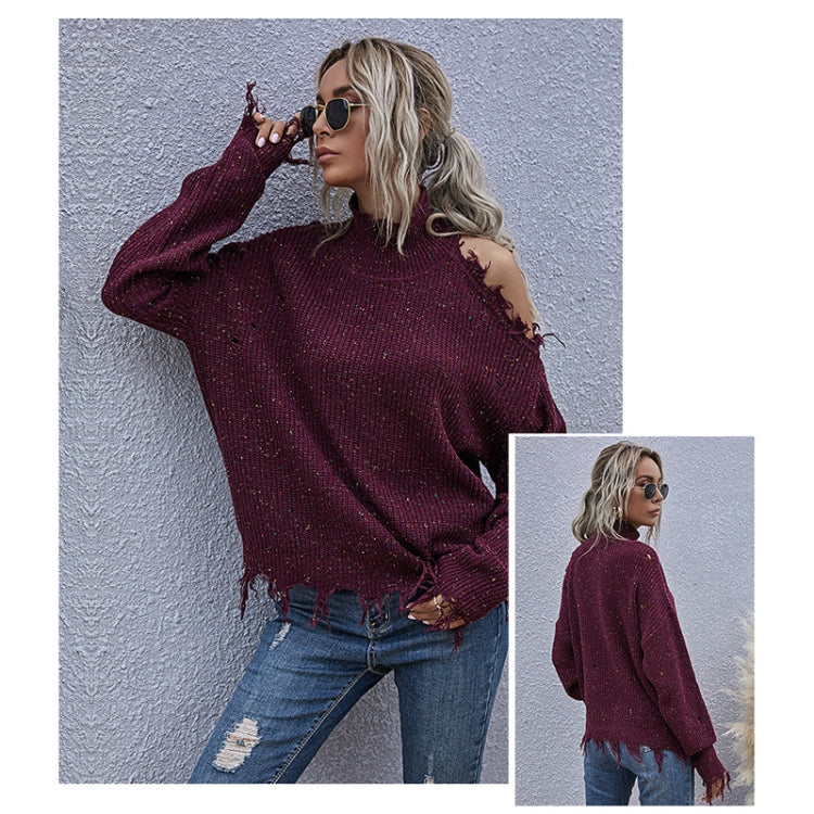 Ladies Loose Off Shoulder Ripped Long-Sleeved Turtleneck Autumn Knitted Sweater, Size: