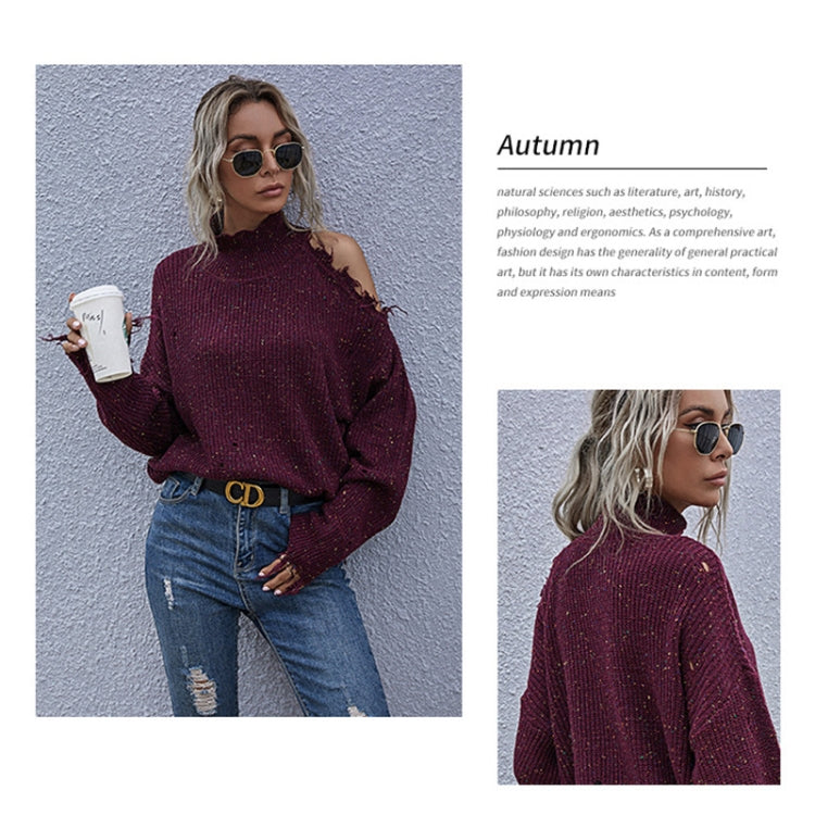 Ladies Loose Off Shoulder Ripped Long-Sleeved Turtleneck Autumn Knitted Sweater, Size: