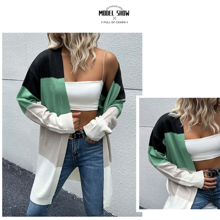 Long Cardigan Open Front Color Block Cardigan Knit Sweaters, Size: