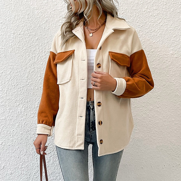 Ladies Lapel Colorblock Long Sleeve Pocket Fall Winter Fleece Jacket, Size: