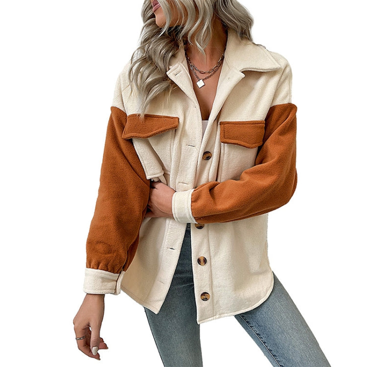 Ladies Lapel Colorblock Long Sleeve Pocket Fall Winter Fleece Jacket, Size: