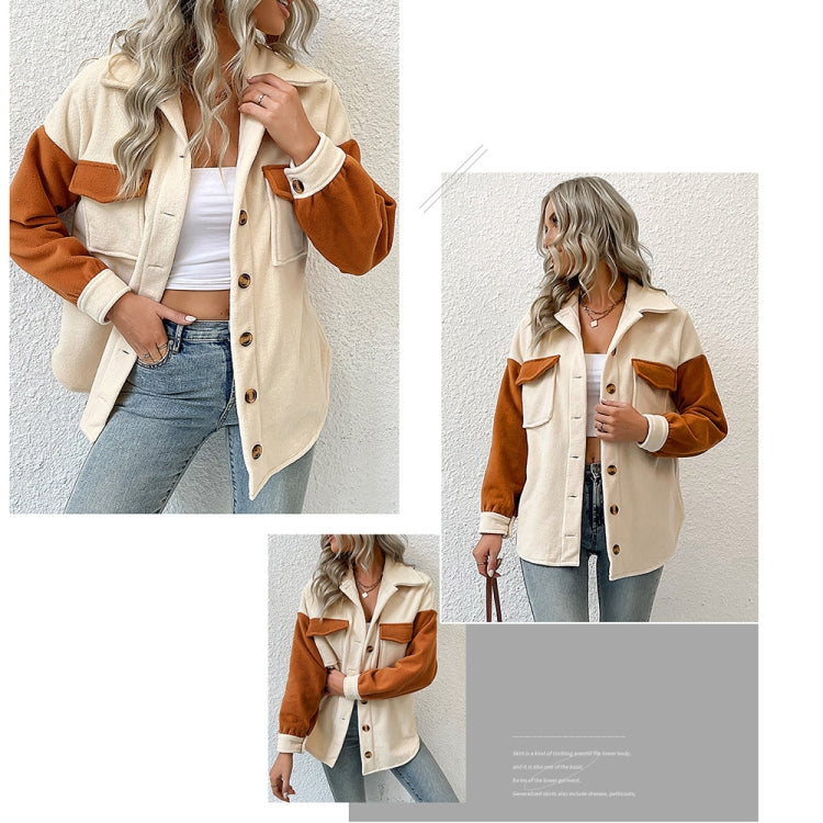 Ladies Lapel Colorblock Long Sleeve Pocket Fall Winter Fleece Jacket, Size: