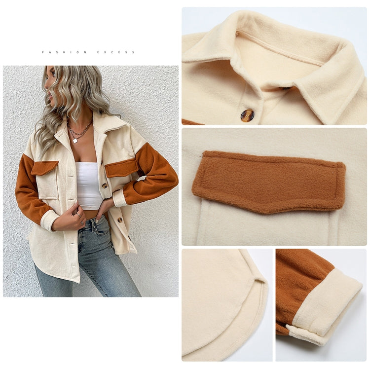 Ladies Lapel Colorblock Long Sleeve Pocket Fall Winter Fleece Jacket, Size: