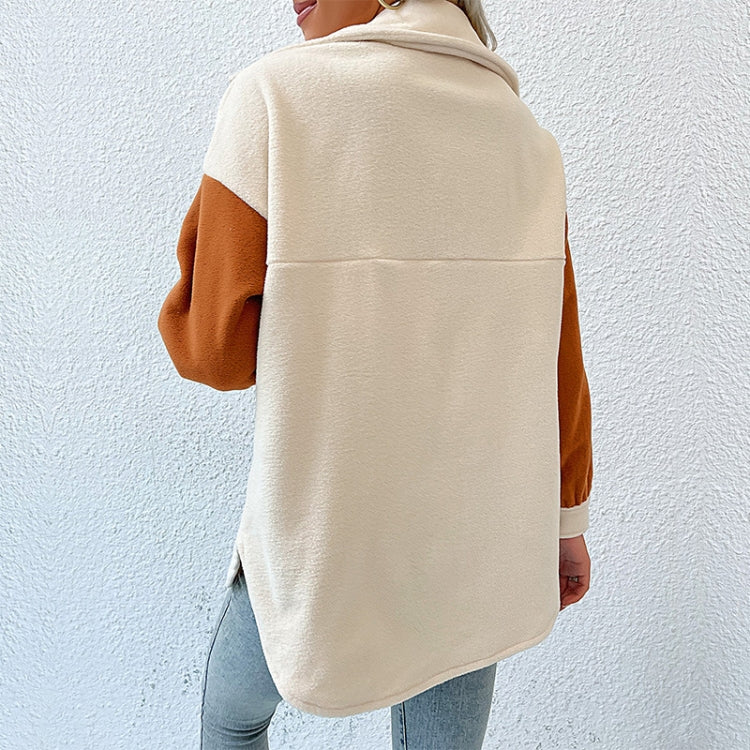 Ladies Lapel Colorblock Long Sleeve Pocket Fall Winter Fleece Jacket, Size: