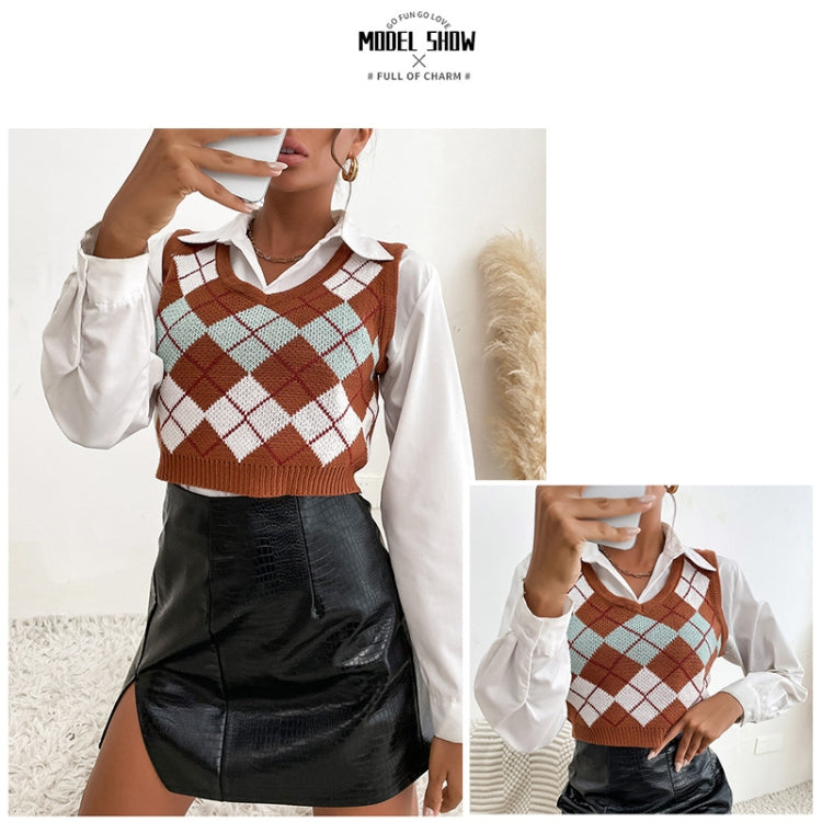 Plaid Sleeveless Ladies V Neck Knit Crop Top Sweater Vest, Size: