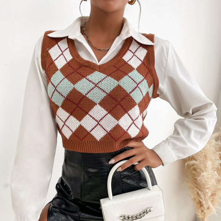 Plaid Sleeveless Ladies V Neck Knit Crop Top Sweater Vest, Size: